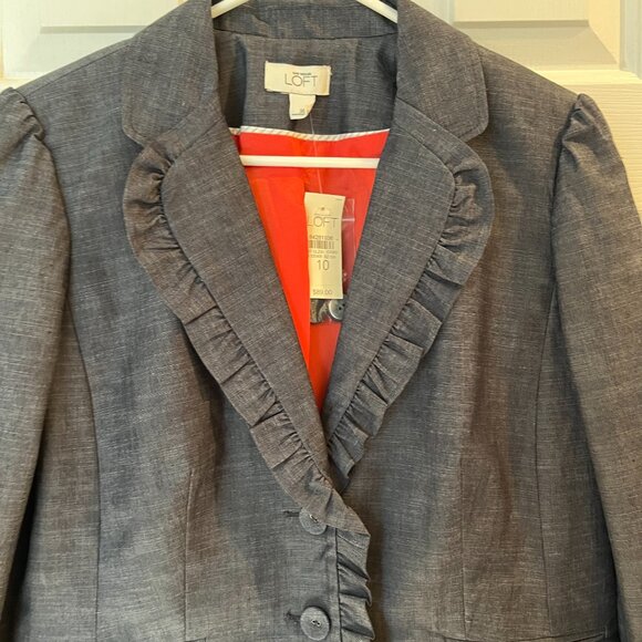 Loft Chambray Crop Blazer Ruffle Trim 3/4 Sleeves Blazer Women's Size 10 NWT - Picture 5 of 12